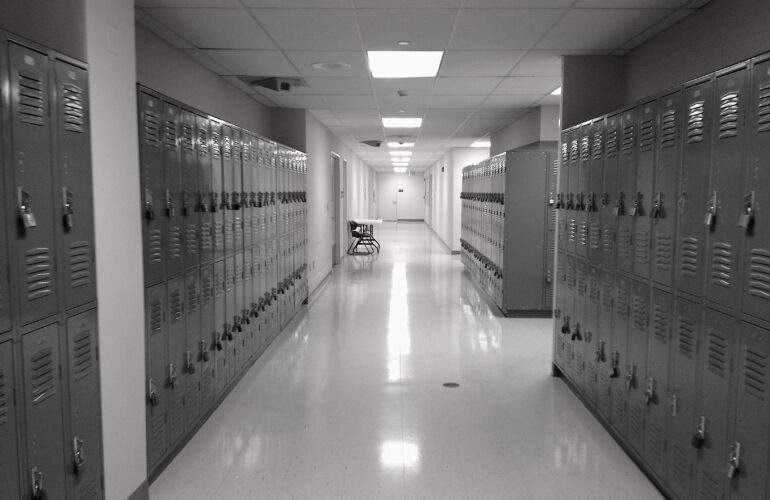 School safety demonstrated by the locker rooms in a school hallway.