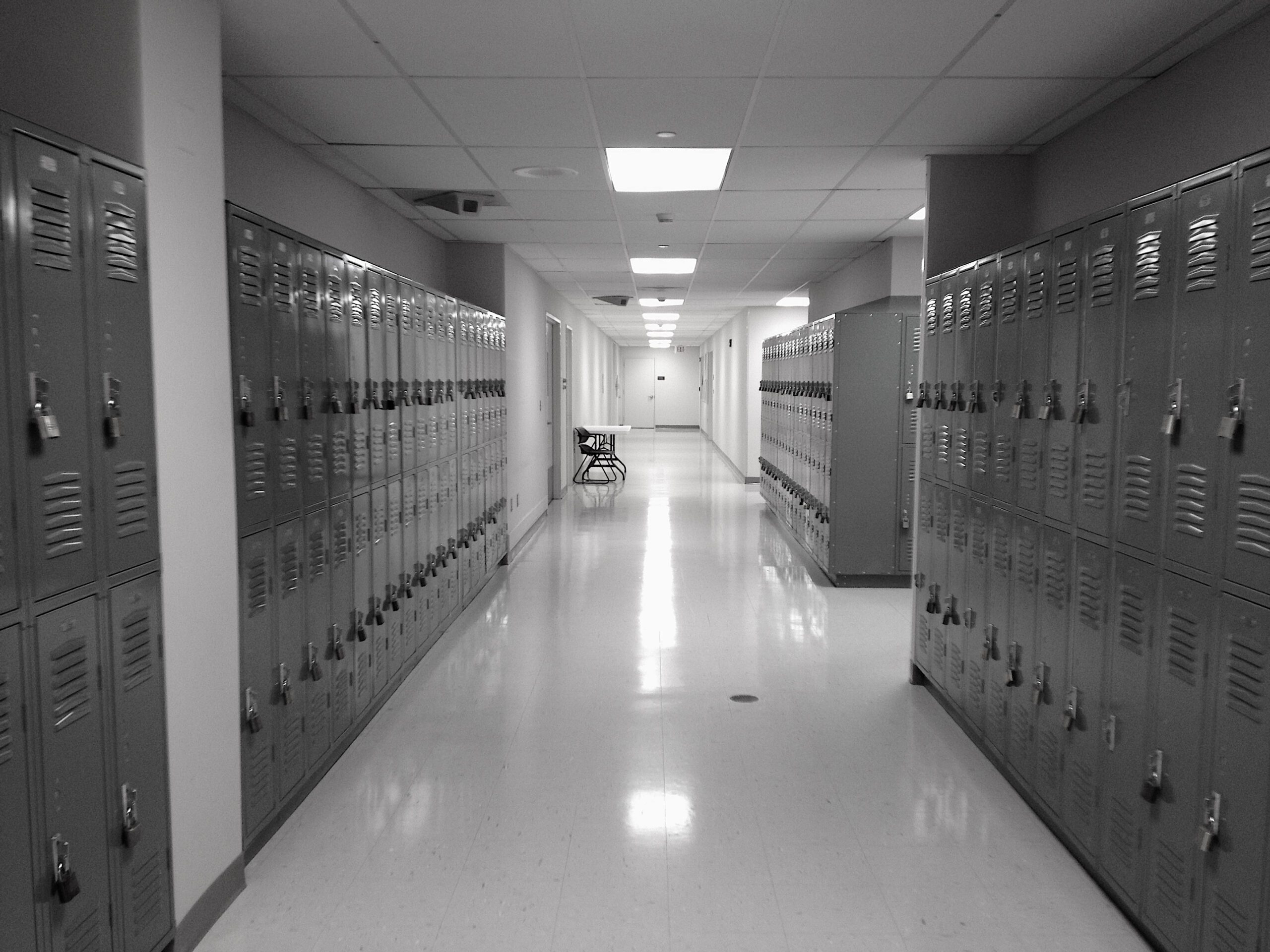 School safety demonstrated by the locker rooms in a school hallway.